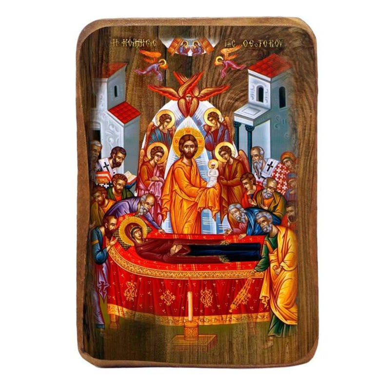 Σετ 2 τεμαχίων – Εικόνα Ορθοδοξίας με περίγραμμα χρυσό σε ξύλο Φλαμουρίας  με  βάση Μπομπονιέρα Βάπτισης Κοίμηση της Θεοτόκου Σετ 20 τεμαχίων, Εικόνα Βάπτισης, Μπομπονιέρα Χειροποίητη Βυζαντινή εικόνα 9x6cm, Χριστιανικό Δώρο Διάσταση 21x15 cm (8,3 x 5,9 ί