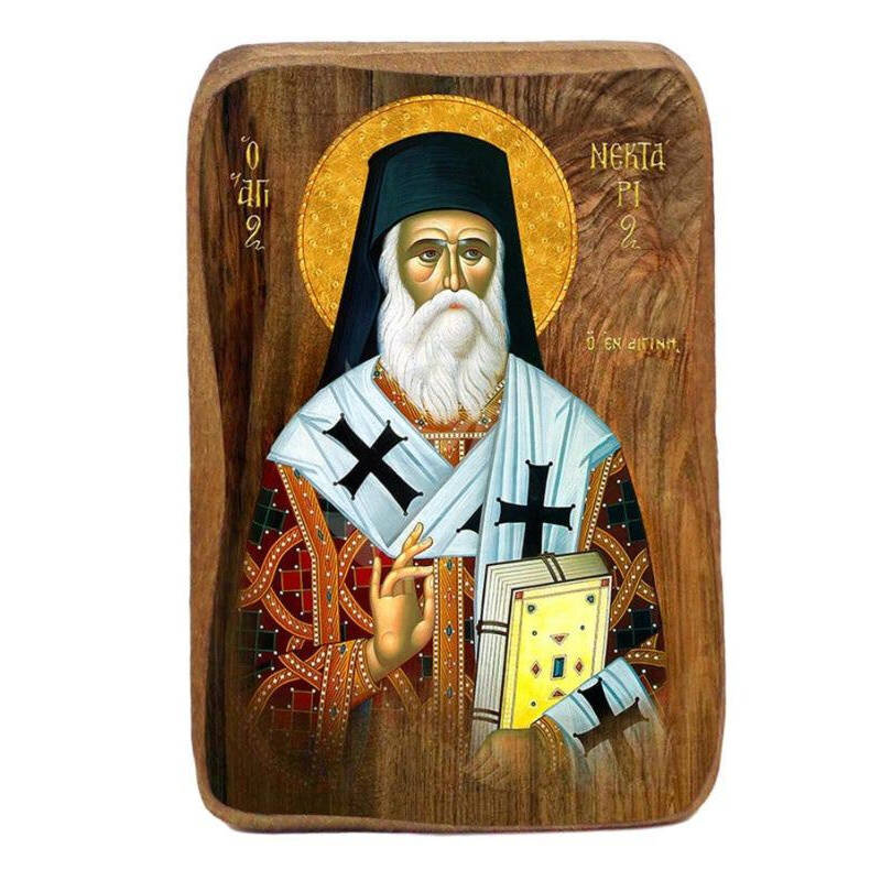 Σετ 2 τεμαχίων – Εικόνα Ορθοδοξίας με περίγραμμα χρυσό σε ξύλο Φλαμουρίας  με  βάση Μπομπονιέρα Βάπτισης Άγιος Νεκτάριος Σετ 20 τεμαχίων, Εικόνα Βάπτισης, Μπομπονιέρα Χειροποίητη Βυζαντινή εικόνα 9x6cm, Χριστιανικό Δώρο Διάσταση 21x15 cm (8,3 x 5,9 ίντσες