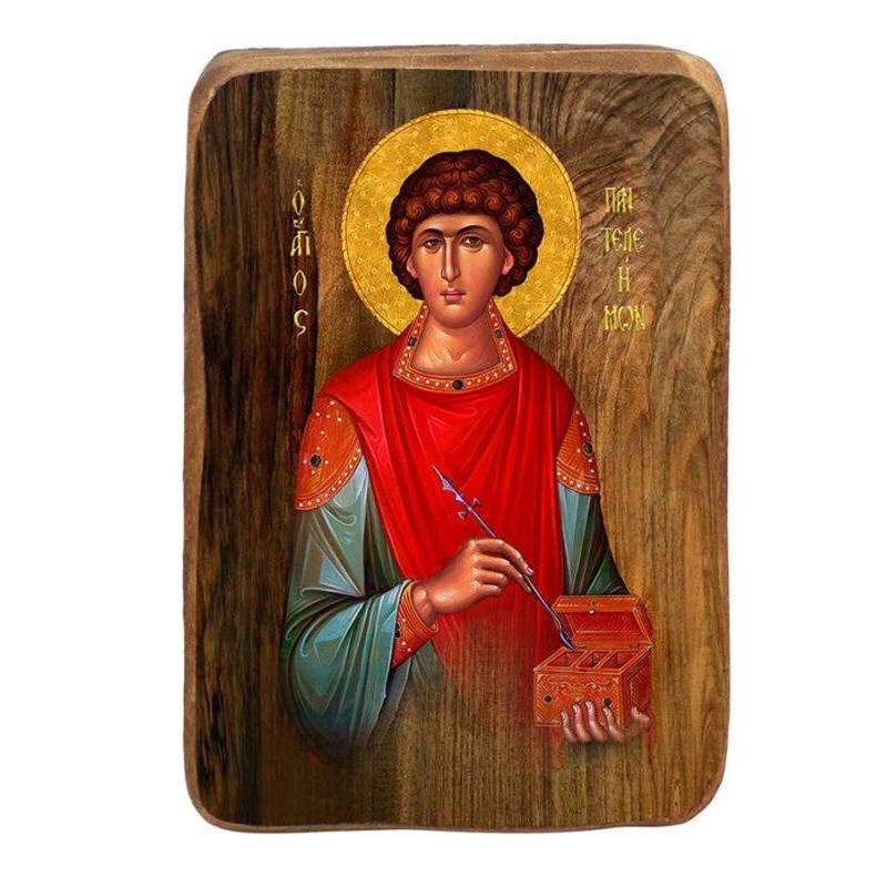Σετ 2 τεμαχίων – Εικόνα Ορθοδοξίας με περίγραμμα χρυσό σε ξύλο Φλαμουρίας  με  βάση Μπομπονιέρα Βάπτισης Άγιος Παντελεήμονας Σετ 20 τεμαχίων, Εικόνα Βάπτισης, Μπομπονιέρα Χειροποίητη Βυζαντινή εικόνα 9x6cm, Χριστιανικό Δώρο Διάσταση 21x15 cm (8,3 x 5,9 ίν