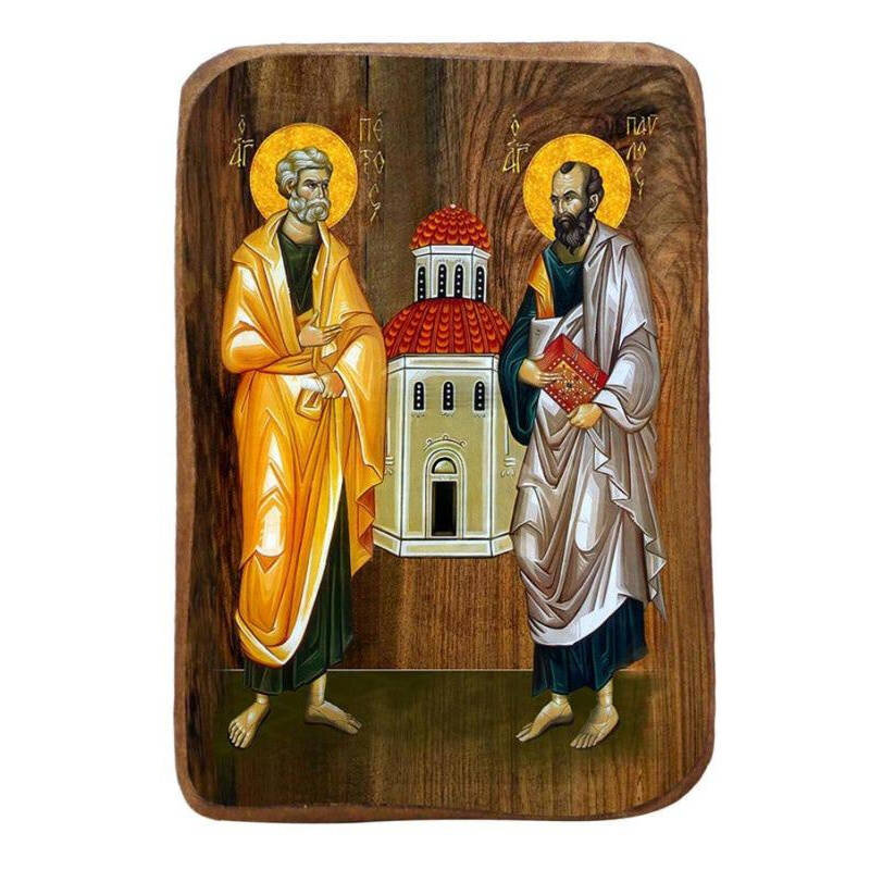 Σετ 2 τεμαχίων – Εικόνα Ορθοδοξίας με περίγραμμα χρυσό σε ξύλο Φλαμουρίας  με  βάση Μπομπονιέρα Βάπτισης Αγίων Πέτρου και Παύλου Σετ 20 τεμαχίων, Εικόνα Βάπτισης, Χειροποίητη Βυζαντινή εικόνα Bomboniera 9x6cm, Χριστιανικό Δώρο Διάσταση 21x15 cm (8,3 x 5,9