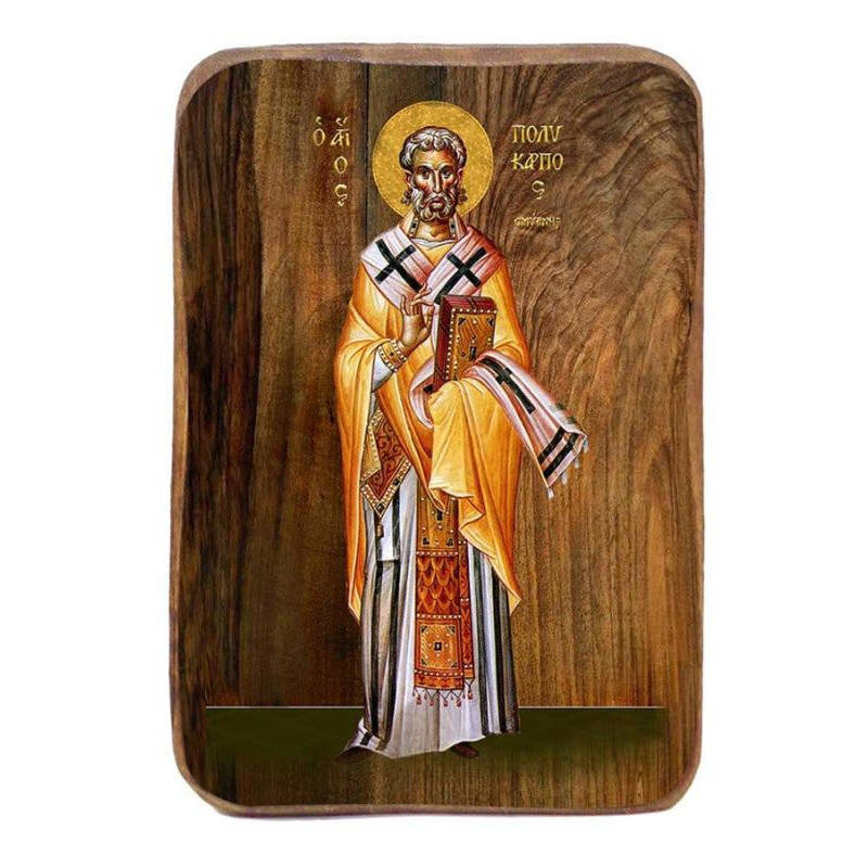 Σετ 2 τεμαχίων – Εικόνα Ορθοδοξίας με περίγραμμα χρυσό σε ξύλο Φλαμουρίας  με  βάση Μπομπονιέρα Βάπτισης Άγιος Πολύκαρπος Σετ 20 τεμαχίων, Εικόνα Βάπτισης, Μπομπονιέρα Χειροποίητη Βυζαντινή εικόνα 9x6cm, Χριστιανικό Δώρο Διάσταση 21x15 cm (8,3 x 5,9 ίντσε