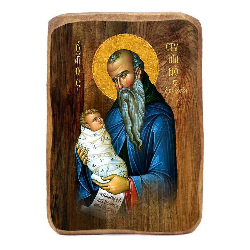 Σετ 2 τεμαχίων – Εικόνα Ορθοδοξίας με περίγραμμα χρυσό σε ξύλο Φλαμουρίας  με  βάση Μπομπονιέρα Βάπτισης Άγιος Στυλιανός Σετ 20 τεμαχίων, Εικόνα Βάπτισης, Μπομπονιέρα Χειροποίητη Βυζαντινή εικόνα 9x6cm, Χριστιανικό Δώρο Διάσταση 21x15 cm (8,3 x 5,9 ίντσες