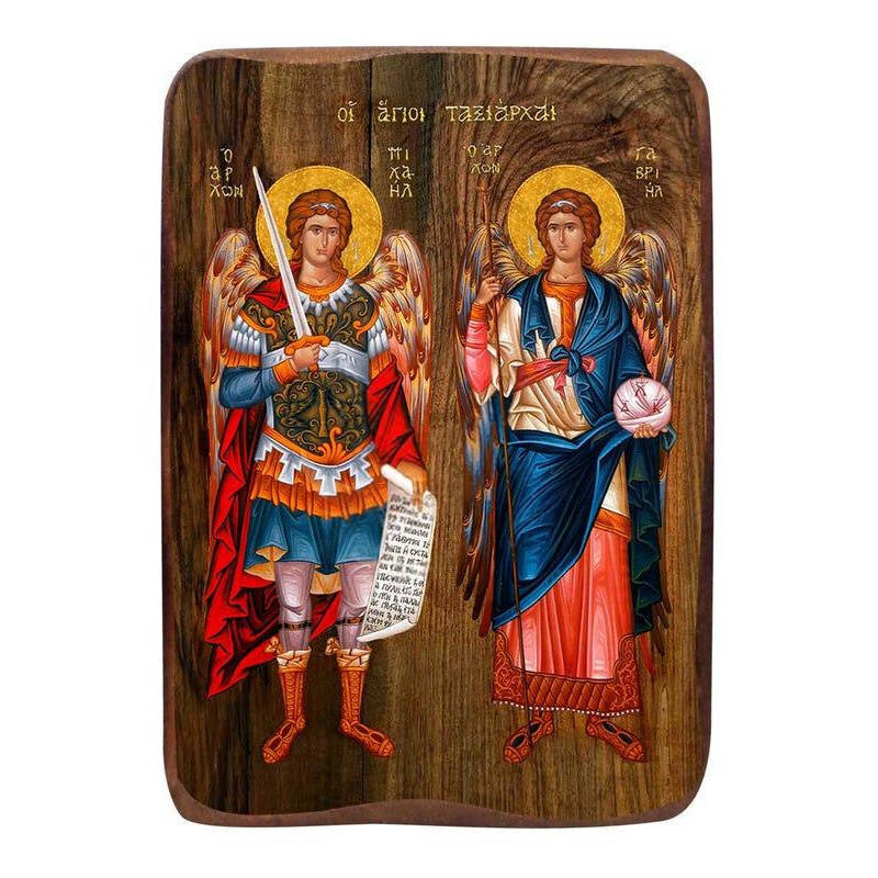Σετ 2 τεμαχίων – Εικόνα Ορθοδοξίας με περίγραμμα χρυσό σε ξύλο Φλαμουρίας  με  βάση Μπομπονιέρα Βάπτισης Αρχαγγέλων Μιχαήλ και Γαβριήλ Σετ 20 τεμαχίων, Εικόνα Βάπτισης, Μπομπονιέρα Χειροποίητη Βυζαντινή εικόνα 9x6cm, Χριστιανικό Δώρο Διάσταση 21x15 cm (8,
