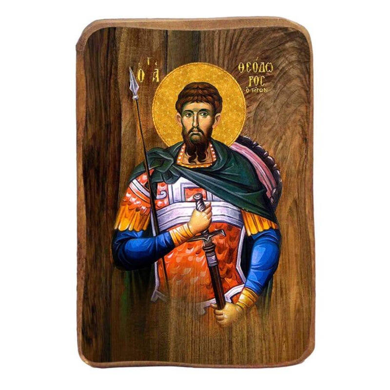 Σετ 2 τεμαχίων – Εικόνα Ορθοδοξίας με περίγραμμα χρυσό σε ξύλο Φλαμουρίας  με  βάση Άγιος Θεόδωρος ο στρατηλάτης Μπομπονιέρα Βάπτισης Σετ 20 τεμαχίων, Εικόνα Βάπτισης, Bomboniera Χειροποίητη Βυζαντινή εικόνα 9x6cm, Χριστιανικό Δώρο Διάσταση 21x15 cm (8,3