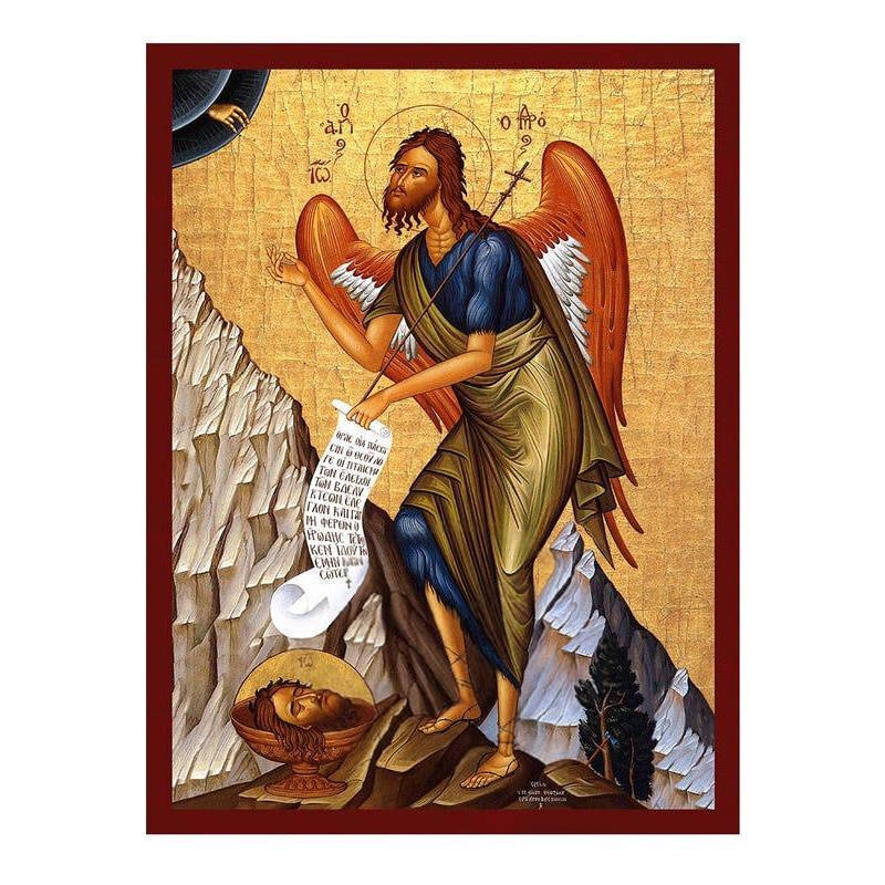 Εικόνα Ορθοδοξίας με περίγραμμα χρυσό σε ξύλο Φλαμουρίας  με  βάση Εικόνα του Αγίου Ιωάννη του Προδρόμου, Χειροποίητη βυζαντινή εικόνα του Αγίου Ιωάννη του Προδρόμου, Κρεμαστή πλάκα θρησκευτικής τέχνης, χριστιανικό δώρο Διάσταση 10x7 cm (3,9 x 2,8 ίντσες)