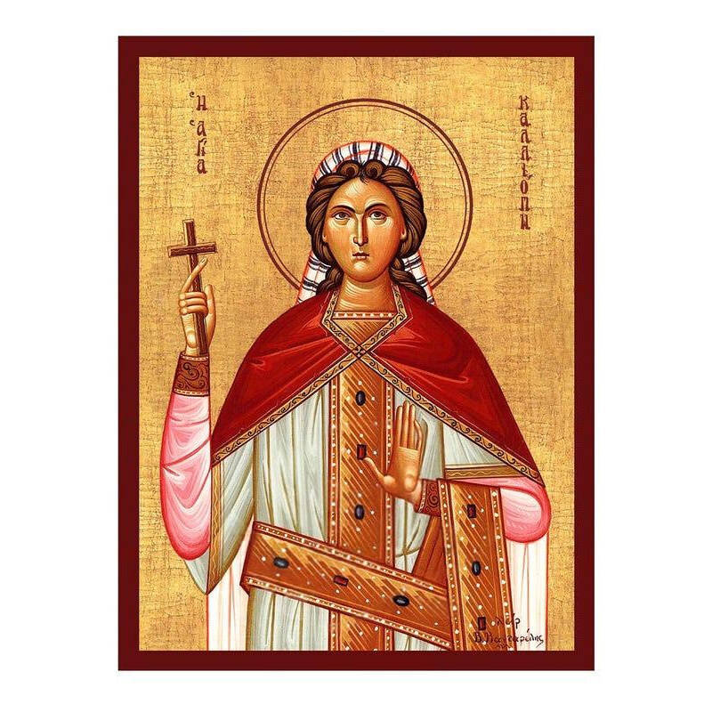Σετ 2 τεμαχίων – Εικόνα Ορθοδοξίας με περίγραμμα χρυσό σε ξύλο Φλαμουρίας  με  βάση Εικόνα Αγίας Καλλιόπης, Χειροποίητη Βυζαντινή εικόνα Αγίας Καλλιόπης, Κρεμαστή πλάκα θρησκευτικής τέχνης, χριστιανικό δώρο Διάσταση 21x15 cm (8,3 x 5,9 ίντσες) INTRAEK-216
