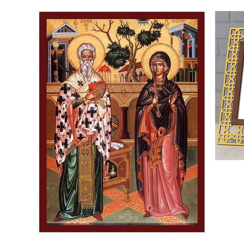 Εικόνα Ορθοδοξίας με περίγραμμα χρυσό σε ξύλο Φλαμουρίας  με  βάση Εικόνα Αγίων Κυπριανού και Ιουστίνας, Χειροποίητη Βυζαντινή εικόνα Κυπριανού και Ιουστίνας, Κρεμαστή πλάκα θρησκευτικής τέχνης, Χριστιανικό δώρο Διάσταση 40x30 cm (15,8 x 11,8 ίντσες)INTRA