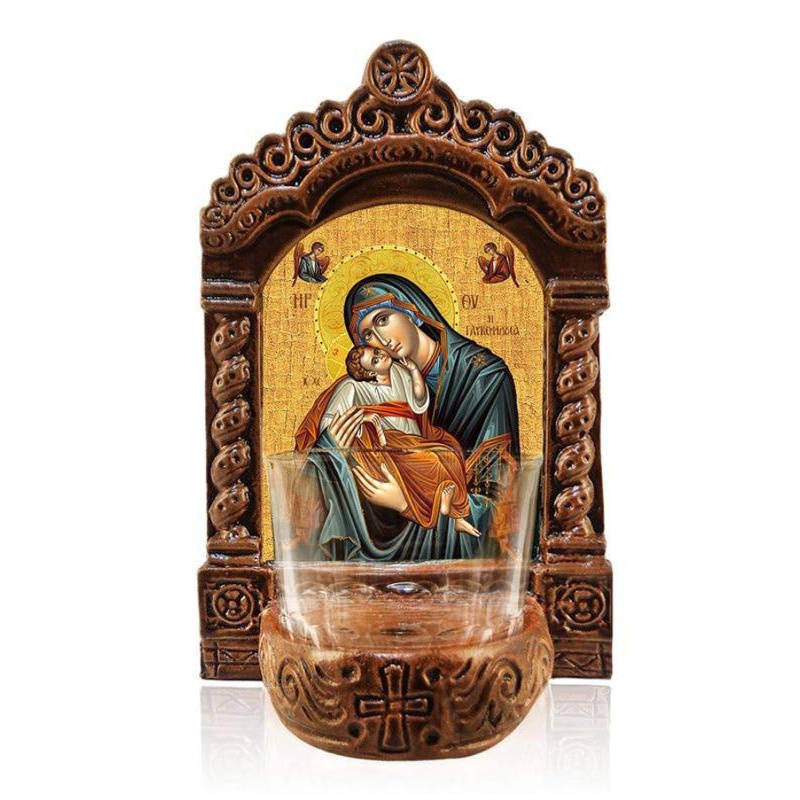 Εικόνα Ορθοδοξίας με περίγραμμα χρυσό σε ξύλο Φλαμουρίας  με  βάση Παναγία Γλυκοφιλούσα Φωτιστικό Αγρυπνίας, Εικόνα Παναγίας Γλυκοφιλούσας, Κεραμικό Επιτραπέζιο Παναγία Γλυκοφιλούσα, Χειροποίητο με Γυάλινο Κύπελλο Διάσταση 40x30 cm (15,8 x 11,8 ίντσες)INT