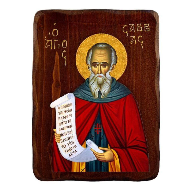 Εικόνα Ορθοδοξίας με περίγραμμα χρυσό σε ξύλο Φλαμουρίας  με  βάση Εικόνα Αγίου Σάββα, Χειροποίητη Ελληνορθόδοξη εικόνα του Αγίου Σάββα, επιτοίχια πλάκα βυζαντινής τέχνης, θρησκευτικό δώρο, χριστιανική διακόσμηση Διάσταση 40x30 cm (15,8 x 11,8 ίντσες)INTR