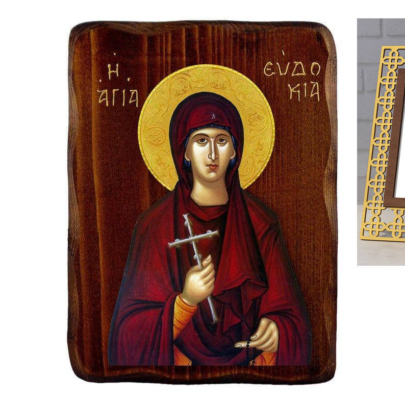 Εικόνα Ορθοδοξίας με περίγραμμα χρυσό σε ξύλο Φλαμουρίας  με  βάση Εικόνα Αγίας Ευδοκίας, Χειροποίητη ελληνορθόδοξη εικόνα της Αγίας Ευδοκίας, επιτοίχια πλάκα βυζαντινής τέχνης, θρησκευτικό δώρο, χριστιανική διακόσμηση Διάσταση 26x20 cm (10,2 x 7,9 ίντσες