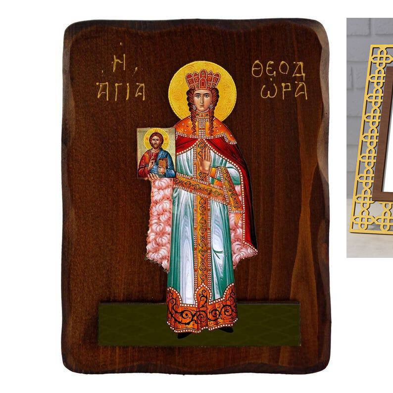 Σετ 2 τεμαχίων – Εικόνα Ορθοδοξίας με περίγραμμα χρυσό σε ξύλο Φλαμουρίας  με  βάση Εικόνα Αγίας Θεοδώρας, Χειροποίητη ελληνορθόδοξη εικόνα της Αγίας Θεοδώρας, επιτοίχια πλάκα βυζαντινής τέχνης, θρησκευτικό δώρο, χριστιανική διακόσμηση Διάσταση 21x15 cm (