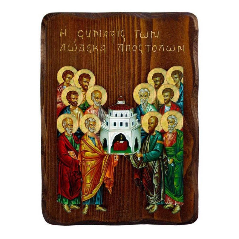 Σετ 2 τεμαχίων – Εικόνα Ορθοδοξίας με περίγραμμα χρυσό σε ξύλο Φλαμουρίας  με  βάση Εικόνα Σύναξη των Αγίων Δώδεκα Αποστόλων, Χειροποίητη Ελληνική εικόνα Σύναξις, επιτοίχια βυζαντινή τέχνη, θρησκευτικό δώρο, χριστιανική διακόσμηση Διάσταση 21x15 cm (8,3 x