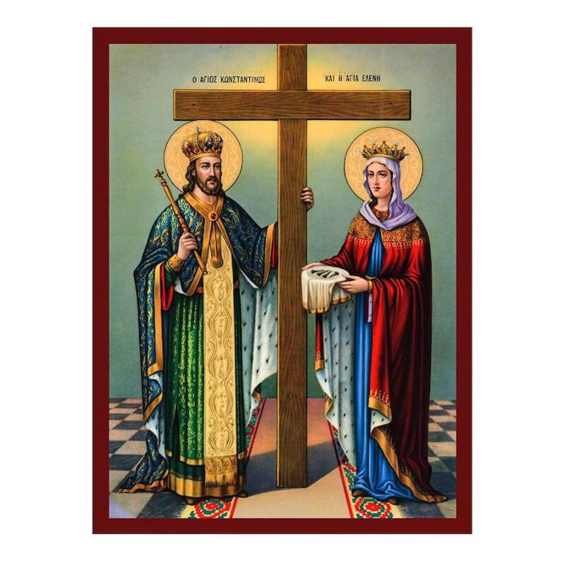 Σετ 2 τεμαχίων – Εικόνα Ορθοδοξίας με περίγραμμα χρυσό σε ξύλο Φλαμουρίας  με  βάση Εικόνα Αγίων Κωνσταντίνου και Ελένης, Χειροποίητη εικόνα Αγίου Κωνσταντίνου και Ελένης, Κλασική τέχνη επιτοίχια πλάκα, Χριστιανικό δώρο Διάσταση 21x15 cm (8,3 x 5,9 ίντσες
