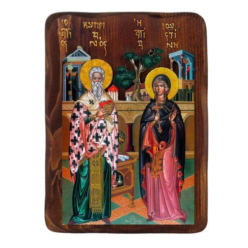 Σετ 2 τεμαχίων – Εικόνα Ορθοδοξίας με περίγραμμα χρυσό σε ξύλο Φλαμουρίας  με  βάση Εικόνα Αγίων Κυπριανού και Ιουστίνας, Χειροποίητη ελληνορθόδοξη εικόνα, επιτοίχια πλάκα βυζαντινής τέχνης, θρησκευτικό δώρο, χριστιανική διακόσμηση Διάσταση 21x15 cm (8,3