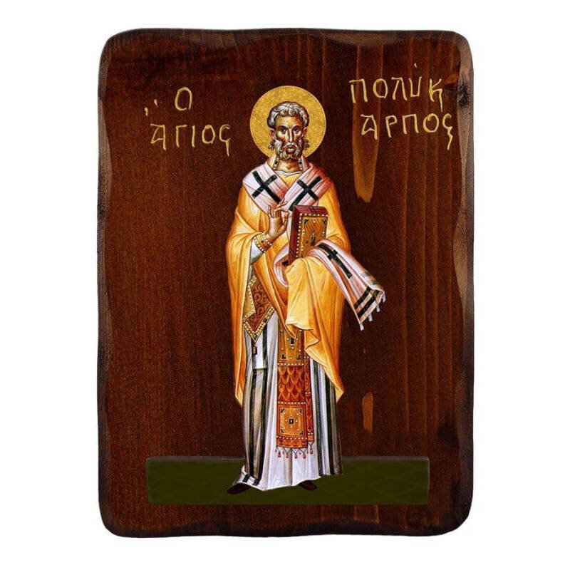Εικόνα Ορθοδοξίας με περίγραμμα χρυσό σε ξύλο Φλαμουρίας  με  βάση Εικόνα Αγίου Πολυκάρπου, Χειροποίητη ελληνορθόδοξη εικόνα του Αγίου Πολυκάρπου, επιτοίχια πλάκα βυζαντινής τέχνης, θρησκευτικό δώρο, χριστιανική διακόσμηση Διάσταση 10x7 cm (3,9 x 2,8 ίντσ