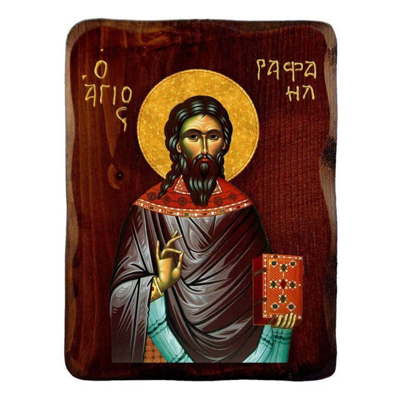 Εικόνα Ορθοδοξίας με περίγραμμα χρυσό σε ξύλο Φλαμουρίας  με  βάση Εικόνα Αγίου Ραφαήλ, Χειροποίητη ελληνορθόδοξη εικόνα του Αγίου Νικολάου, επιτοίχια πλάκα βυζαντινής τέχνης, θρησκευτικό δώρο, χριστιανική διακόσμηση Διάσταση 10x7 cm (3,9 x 2,8 ίντσες) IN