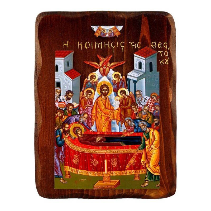 Σετ 2 τεμαχίων – Εικόνα Ορθοδοξίας με περίγραμμα χρυσό σε ξύλο Φλαμουρίας  με  βάση Εικόνα Κοίμησης της Θεοτόκου, Χειροποίητη Ξύλινη εικόνα Κοίμησης της Θεοτόκου, τοίχος βυζαντινής τέχνης, θρησκευτικό δώρο, χριστιανική διακόσμηση Διάσταση 15x11 cm (5,9 x