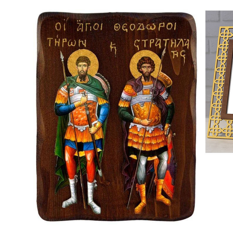 Σετ 2 τεμαχίων – Εικόνα Ορθοδοξίας με περίγραμμα χρυσό σε ξύλο Φλαμουρίας  με  βάση Εικόνα Άγιοι Θεόδωρος ο Τύρος και Θεόδωρος ο Στρατηλάτης, Χειροποίητη εικόνα, Πλακέτα βυζαντινής τέχνης, θρησκευτικό δώρο, χριστιανική διακόσμηση Διάσταση 15x11 cm (5,9 x