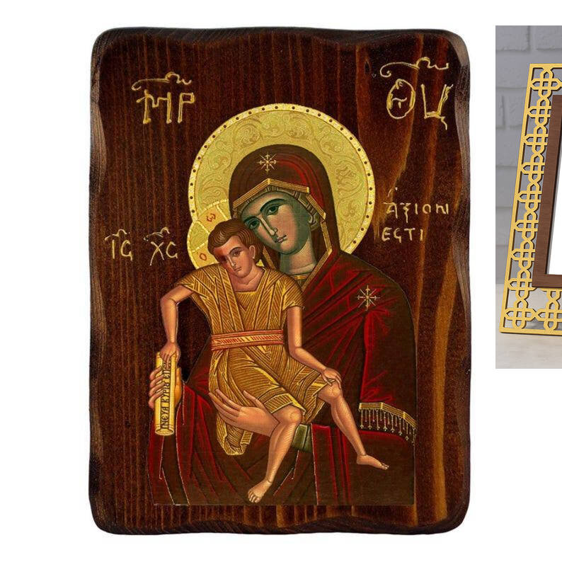 Σετ 2 τεμαχίων – Εικόνα Ορθοδοξίας με περίγραμμα χρυσό σε ξύλο Φλαμουρίας  με  βάση Εικόνα Παναγίας Άξιον Εστίν, Χειροποίητη Ελληνική εικόνα Παναγίας Άξιον Εστίν, επιτοίχια πλάκα βυζαντινής τέχνης, θρησκευτικό δώρο, χριστιανική διακόσμηση Διάσταση 15x11 c
