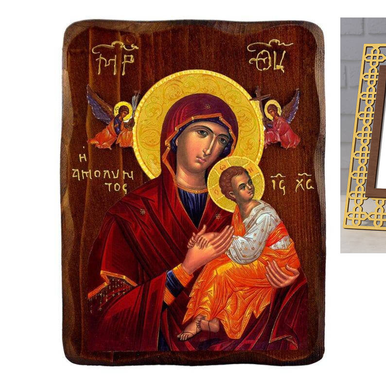Εικόνα Ορθοδοξίας με περίγραμμα χρυσό σε ξύλο Φλαμουρίας  με  βάση Εικόνα της αμόλυντης Παναγίας, Χειροποίητη ελληνική εικόνα της Παναγίας της Αμολύντου, επιτοίχια πλάκα βυζαντινής τέχνης, θρησκευτικό δώρο, χριστιανική διακόσμηση Διάσταση 26x20 cm (10,2 x