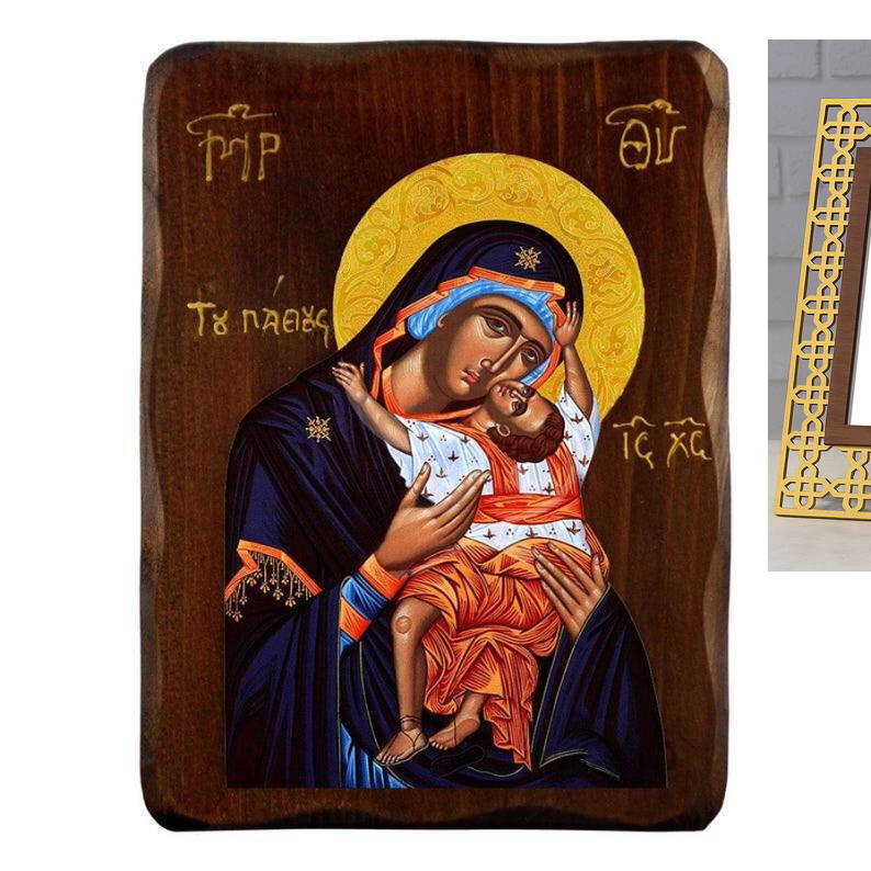 Σετ 2 τεμαχίων – Εικόνα Ορθοδοξίας με περίγραμμα χρυσό σε ξύλο Φλαμουρίας  με  βάση Εικόνα Παναγίας των Παθών, Χειροποίητη Ελληνική εικόνα της Παναγίας Παθούς, επιτοίχια πλάκα βυζαντινής τέχνης, θρησκευτικό δώρο, χριστιανική διακόσμηση Διάσταση 15x11 cm (