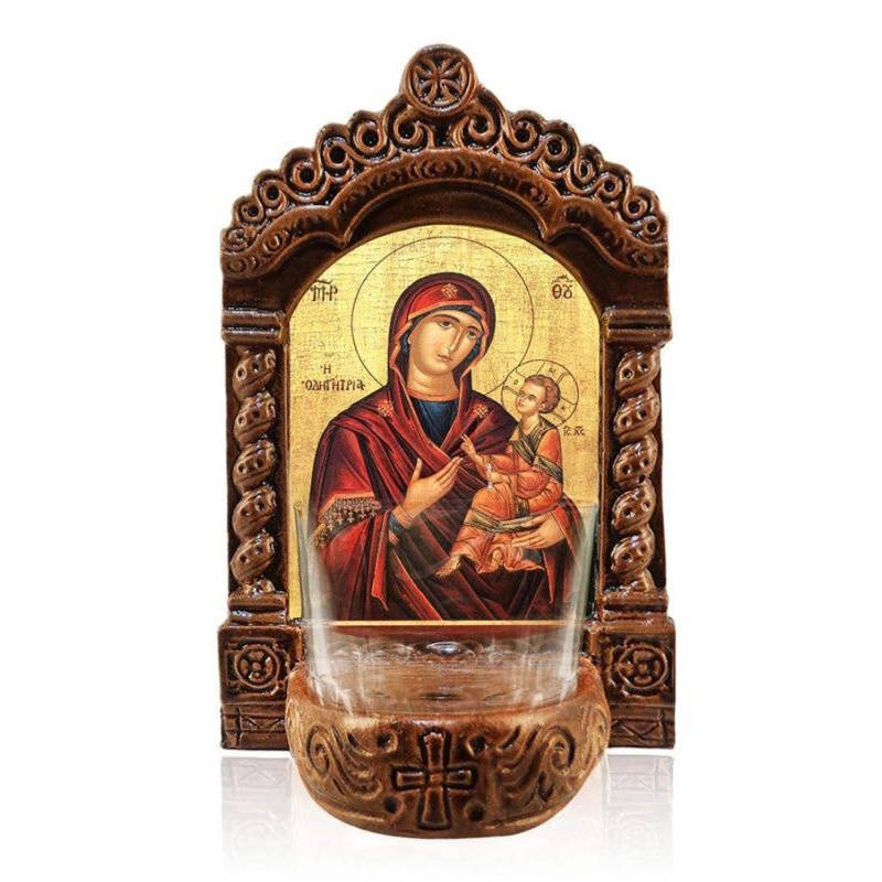 Σετ 2 τεμαχίων – Εικόνα Ορθοδοξίας με περίγραμμα χρυσό σε ξύλο Φλαμουρίας  με  βάση Η Παναγία η Οδηγός Λυχνία, η Παναγία της Οδηγός Κεραμική επιτραπέζια εικόνα, Παναγία Οδηγήτρια Αγρυπνία με Κύπελλο Διάσταση 21x15 cm (8,3 x 5,9 ίντσες) INTRAEK-216723923