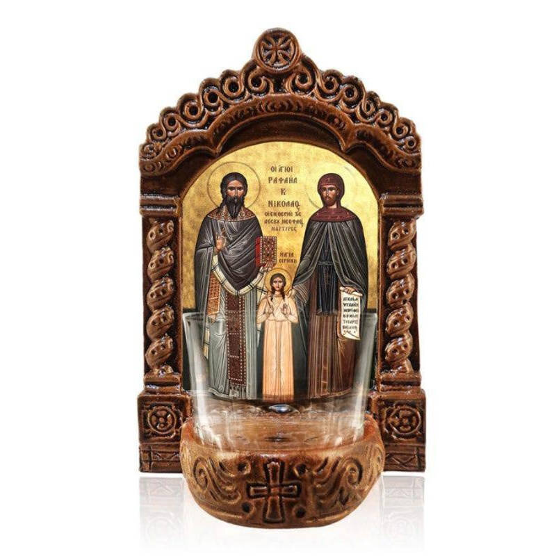 Εικόνα Ορθοδοξίας με περίγραμμα χρυσό σε ξύλο Φλαμουρίας  με  βάση Λάμπα Αγρυπνίας Αγίου Ραφαήλ, Νικολάου και Ειρήνης, Λάμπα Αγρυπνίας Αγίου Ραφαήλ, Νικολάου και Ειρήνης, Χειροποίητο Κεραμικό Φωτιστικό Αγρυπνίας με Γυάλινο Κύπελλο Διάσταση 26x20 cm (10,2