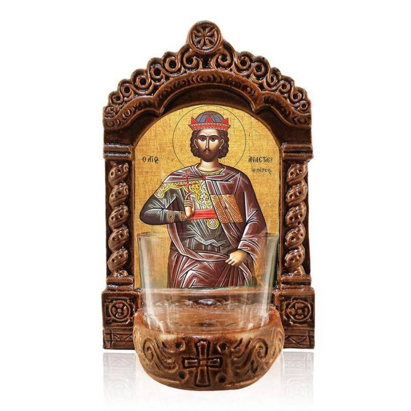 Εικόνα Ορθοδοξίας με περίγραμμα χρυσό σε ξύλο Φλαμουρίας  με  βάση Αγρυπνός Άγιος Αναστάσιος ο Πέρσης, Επιτραπέζια εικόνα Άγιος Αναστάσιος ο Πέρσης, Χειροποίητο Κεραμικό Φανάρι με γυάλινο κύπελλο Διάσταση 26x20 cm (10,2 x 7,9 ίντσες) INTRAEK-3216723917