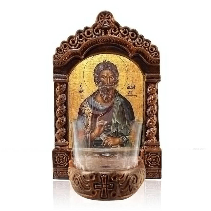 Σετ 2 τεμαχίων – Εικόνα Ορθοδοξίας με περίγραμμα χρυσό σε ξύλο Φλαμουρίας  με  βάση Φωτιστικό Αγρυπνού Αγίου Ανδρέα, Επιτραπέζια εικόνα του Αγίου Ανδρέα, Χειροποίητο Κεραμικό Φωτιστικό με Γυάλινο Κύπελλο Διάσταση 21x15 cm (8,3 x 5,9 ίντσες) INTRAEK-216723