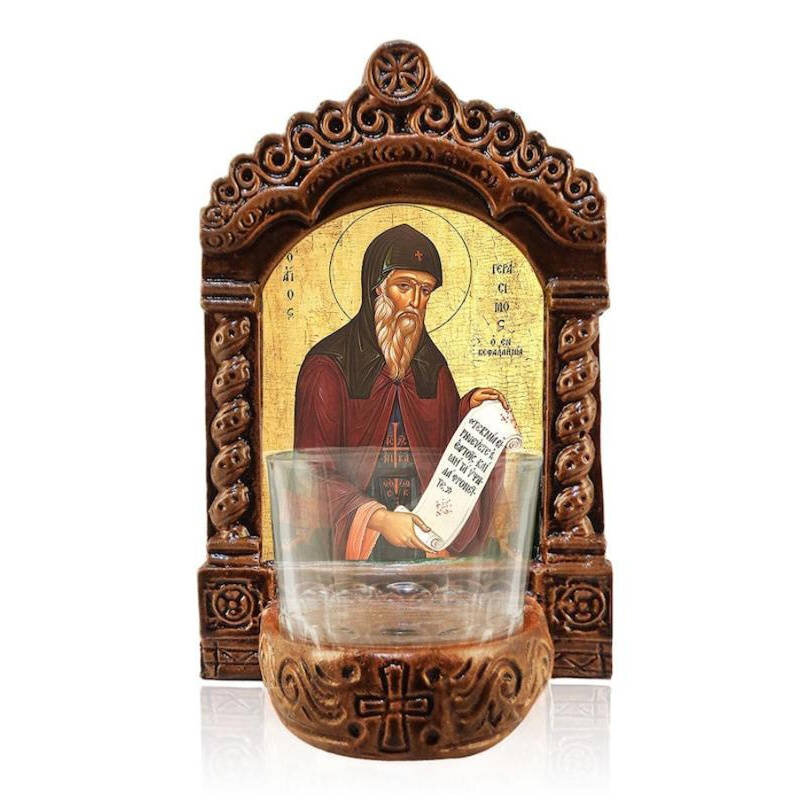 Εικόνα Ορθοδοξίας με περίγραμμα χρυσό σε ξύλο Φλαμουρίας  με  βάση Φωτιστικό Αγρυπνίας Αγίου Γερασίμου, Χειροποίητη επιτραπέζια εικόνα Αγίου Γεράσιμου, Κεραμικό ελληνότεχνο φωτιστικό με γυάλινο κύπελλο Διάσταση 10x7 cm (3,9 x 2,8 ίντσες) INTRAEK-816723907