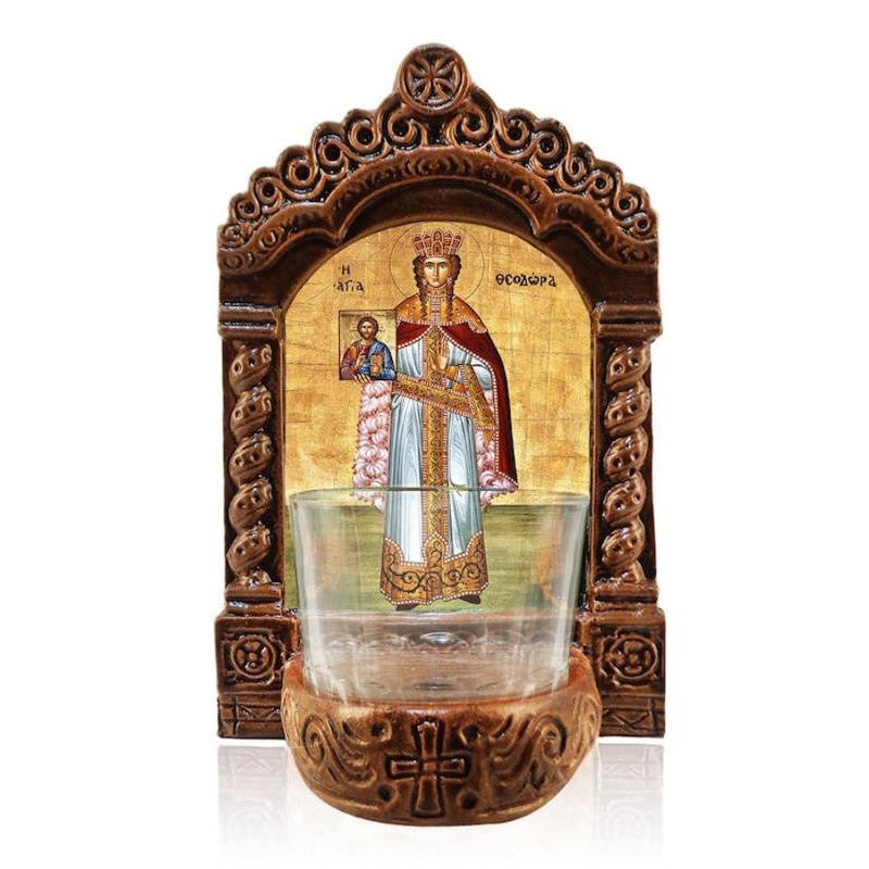 Σετ 2 τεμαχίων – Εικόνα Ορθοδοξίας με περίγραμμα χρυσό σε ξύλο Φλαμουρίας  με  βάση Φωτιστικό Αγίας Θεοδώρας, Αγία Θεοδώρα η Αυτοκράτειρα Ελληνική Επιτραπέζια Εικόνα, Χειροποίητο Κεραμικό Φωτιστικό με Γυάλινο Κύπελλο Διάσταση 21x15 cm (8,3 x 5,9 ίντσες) I