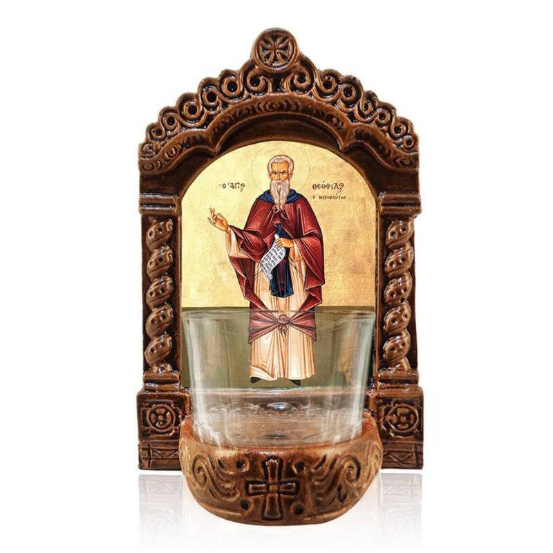 Σετ 2 τεμαχίων – Εικόνα Ορθοδοξίας με περίγραμμα χρυσό σε ξύλο Φλαμουρίας  με  βάση Φωτιστικό Αγρυπνού Αγίου Θεοφίλου, Επιτραπέζια εικόνα του Αγίου Θεοφίλου Ελληνικής κατασκευής, Χειροποίητο Κεραμικό Φωτιστικό με Γυάλινο Κύπελλο Διάσταση 21x15 cm (8,3 x 5