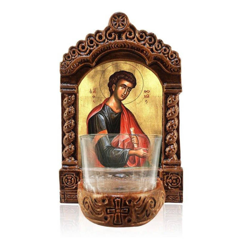 Σετ 2 τεμαχίων – Εικόνα Ορθοδοξίας με περίγραμμα χρυσό σε ξύλο Φλαμουρίας  με  βάση Φωτιστικό Άγιος Θωμάς, Άγιος Θωμάς ο Απόστολος Ελληνικής κατασκευής Επιτραπέζια εικόνα, Χειροποίητο Κεραμικό Φωτιστικό με Γυάλινο Κύπελλο Διάσταση 21x15 cm (8,3 x 5,9 ίντσ