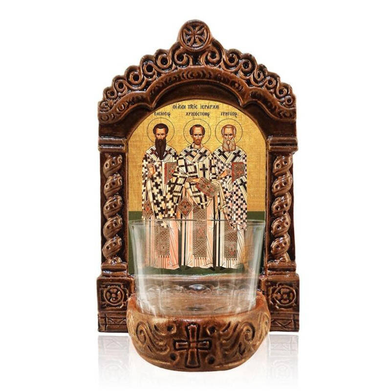 Σετ 2 τεμαχίων – Εικόνα Ορθοδοξίας με περίγραμμα χρυσό σε ξύλο Φλαμουρίας  με  βάση Λυχνία Αγρυπνίας Τριών Ιεραρχών, Άγιος Βασίλειος ο Μέγας Άγιος Γρηγόριος ο Θεολόγος και Άγιος Ιωάννης ο Χρυσόστομος, Χειροποίητο Κεραμικό Λυχνία Αγρυπνίας Διάσταση 21x15 c