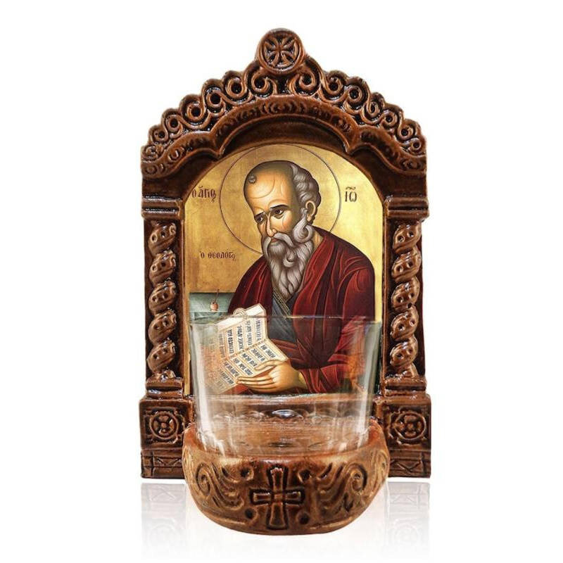 Εικόνα Ορθοδοξίας με περίγραμμα χρυσό σε ξύλο Φλαμουρίας  με  βάση Φωτιστικό Αγρυπνίας Αγίου Ιωάννη του Θεολόγου, Επιτραπέζια εικόνα του Αγίου Ιωάννη του Ευαγγελιστή Ελληνικής κατασκευής, Χειροποίητο Κεραμικό Φωτιστικό με Γυάλινο Κύπελλο Διάσταση 10x7 cm