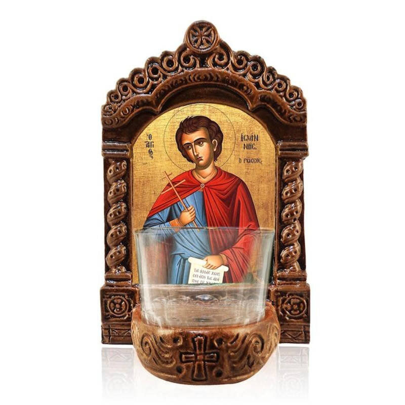 Εικόνα Ορθοδοξίας με περίγραμμα χρυσό σε ξύλο Φλαμουρίας  με  βάση Αγρυπνός Άγιος Ιωάννης ο Ρώσος, Άγιος Ιωάννης ο Νεομάρτυρας της Ρωσίας Ελληνικής κατασκευής Επιτραπέζια εικόνα, Χειροποίητο Κεραμικό Φωτιστικό Αγρυπνίας με Γυάλινο Κύπελλο Διάσταση 10x7 cm