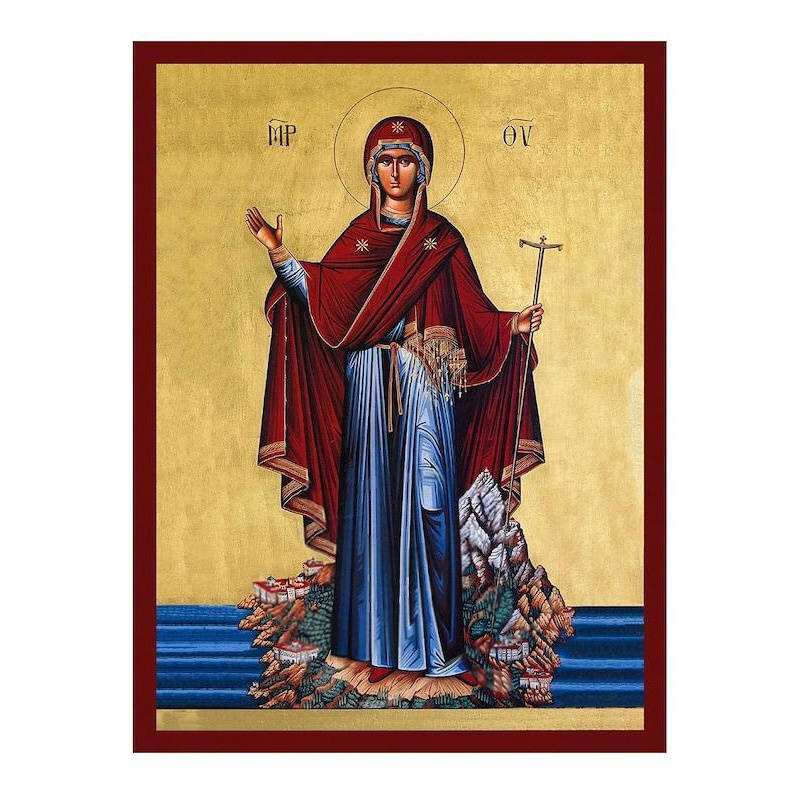 Σετ 2 τεμαχίων – Εικόνα Ορθοδοξίας με περίγραμμα χρυσό σε ξύλο Φλαμουρίας  με  βάση Παναγία Αγιορείτικη εικόνα, Χειροποίητη ελληνική εικόνα της Παναγίας του Αγίου Όρους, επιτοίχια βυζαντινή τέχνη, χριστιανικό δώρο Διάσταση 21x15 cm (8,3 x 5,9 ίντσες) INTR