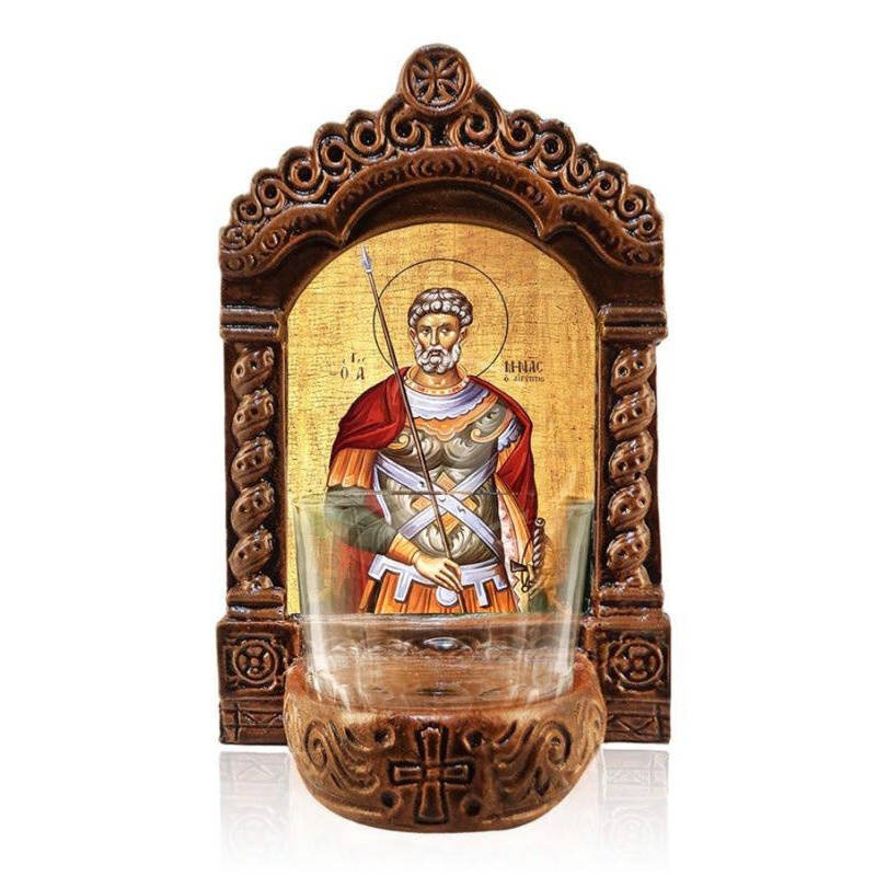 Σετ 2 τεμαχίων – Εικόνα Ορθοδοξίας με περίγραμμα χρυσό σε ξύλο Φλαμουρίας  με  βάση Φωτιστικό Αγρυπνίας Αγίας Μίνας, Επιτραπέζια Εικόνα Ελληνικής κατασκευής Αγίας Μίνας, Χειροποίητο Κεραμικό Φωτιστικό με Γυάλινο Κύπελλο Διάσταση 21x15 cm (8,3 x 5,9 ίντσες
