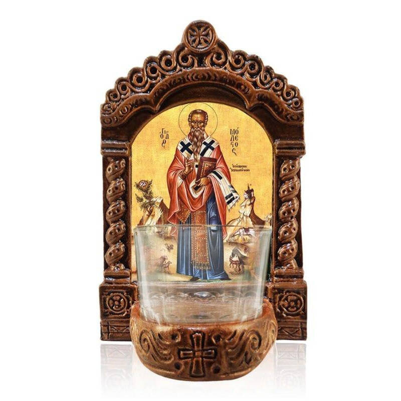 Εικόνα Ορθοδοξίας με περίγραμμα χρυσό σε ξύλο Φλαμουρίας  με  βάση Φωτιστικό Αγρυπνίας Αγίου Μοδέστου, Επιτραπέζια εικόνα του Αγίου Μόδεστου, Ελληνικής κατασκευής Επιτραπέζιο Φωτιστικό, Χειροποίητο Κεραμικό Φωτιστικό με Γυάλινο Κύπελλο Διάσταση 10x7 cm (3