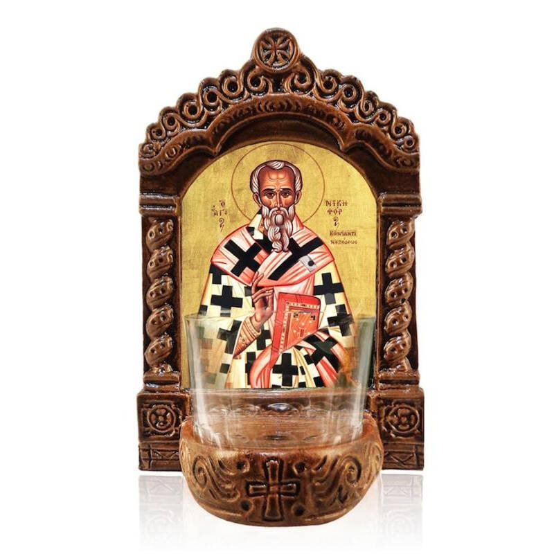 Εικόνα Ορθοδοξίας με περίγραμμα χρυσό σε ξύλο Φλαμουρίας  με  βάση Φωτιστικό Αγρυπνού Αγίου Νικηφόρου, Επιτραπέζια εικόνα του Αγίου Νικηφόρου Κωνσταντινουπόλεως Ελληνικής κατασκευής, Χειροποίητο Κεραμικό Φωτιστικό με Γυάλινο Κύπελλο Διάσταση 10x7 cm (3,9