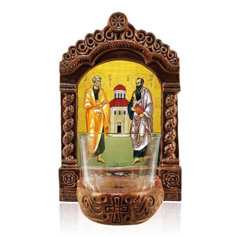 Εικόνα Ορθοδοξίας με περίγραμμα χρυσό σε ξύλο Φλαμουρίας  με  βάση Φωτιστικό Αγρυπνίας Αγίου Πέτρου και Παύλου, Επιτραπέζια εικόνα των Αγίων Πέτρου και Παύλου Ελληνικής κατασκευής, Χειροποίητο Κεραμικό Φωτιστικό με Γυάλινο Κύπελλο Διάσταση 10x7 cm (3,9 x