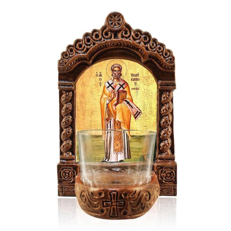 Σετ 2 τεμαχίων – Εικόνα Ορθοδοξίας με περίγραμμα χρυσό σε ξύλο Φλαμουρίας  με  βάση Αγρυπνός Άγιος Πολύκαρπος, Άγιος Πολύκαρπος Σμύρνης Ελληνική Επιτραπέζια Εικόνα, Χειροποίητο Κεραμικό Φωτιστικό με Γυάλινο Κύπελλο Διάσταση 21x15 cm (8,3 x 5,9 ίντσες) INT
