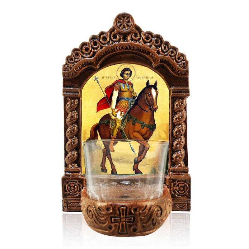 Εικόνα Ορθοδοξίας με περίγραμμα χρυσό σε ξύλο Φλαμουρίας  με  βάση Αγρυπνός Άγιος Προκόπιος, Άγιος Προκόπιος ο Μεγαλομάρτυρας Ελληνικής κατασκευής Επιτραπέζια εικόνα, Χειροποίητο Κεραμικό Φωτιστικό Αγρυπνίας με Γυάλινο Κύπελλο Διάσταση 10x7 cm (3,9 x 2,8