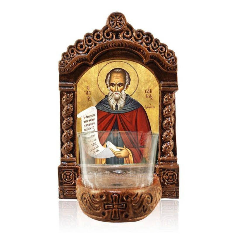 Σετ 2 τεμαχίων – Εικόνα Ορθοδοξίας με περίγραμμα χρυσό σε ξύλο Φλαμουρίας  με  βάση Αγρυπνός Άγιος Σάββας, Άγιος Σάββας ο Αγιασμένος Ελληνικής κατασκευής Επιτραπέζια εικόνα, Χειροποίητο Κεραμικό Φωτιστικό Αγρυπνίας με Γυάλινο Κύπελλο Διάσταση 21x15 cm (8,