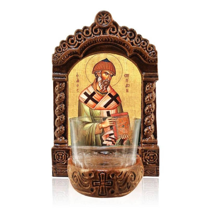 Εικόνα Ορθοδοξίας με περίγραμμα χρυσό σε ξύλο Φλαμουρίας  με  βάση Φωτιστικό Αγρυπνίας Αγίου Σπυρίδωνος, Εικονίδιο Επιτραπέζιας Ελληνικής κατασκευής Αγίου Σπυρίδωνος Τριμυθούς, Χειροποίητο Κεραμικό Φωτιστικό με Γυάλινο Κύπελλο Διάσταση 10x7 cm (3,9 x 2,8