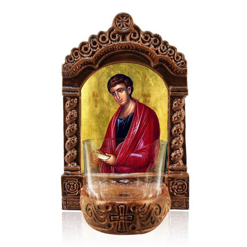 Σετ 2 τεμαχίων – Εικόνα Ορθοδοξίας με περίγραμμα χρυσό σε ξύλο Φλαμουρίας  με  βάση Φωτιστικό Αγρυπνού Αγίου Φίλιππου, Επιτραπέζια εικόνα του Αγίου Φίλιππου ο Απόστολος Ελληνικής κατασκευής, Χειροποίητο Κεραμικό Φωτιστικό με Γυάλινο Κύπελλο Διάσταση 21x15