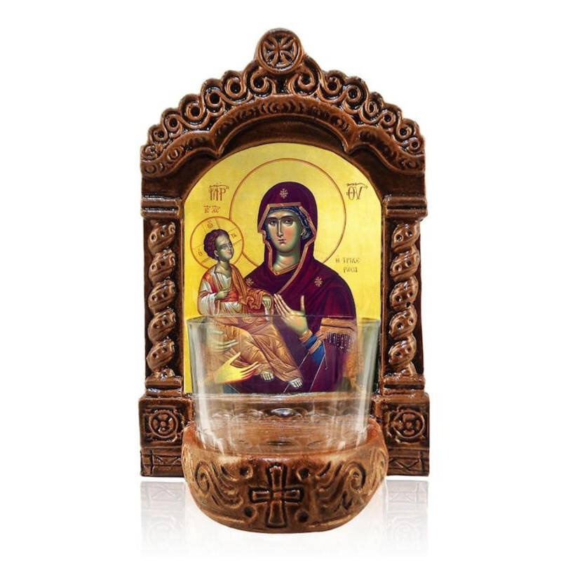 Σετ 2 τεμαχίων – Εικόνα Ορθοδοξίας με περίγραμμα χρυσό σε ξύλο Φλαμουρίας  με  βάση Παναγία Αγρυπνία Παναγία, Παναγία των Τριών Χεριών Ελληνική Επιτραπέζια Εικόνα, Χειροποίητο Κεραμικό Φωτιστικό με Γυάλινο Κύπελλο Διάσταση 21x15 cm (8,3 x 5,9 ίντσες) INTR