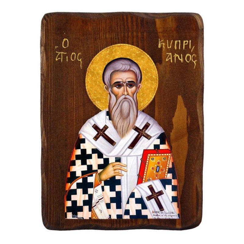 Εικόνα Ορθοδοξίας με περίγραμμα χρυσό σε ξύλο Φλαμουρίας  με  βάση Εικόνα του Αγίου Κυπριακού, Χειροποίητη Ελληνορθόδοξη εικόνα του Αγίου Κυπριανού, επιτοίχια πλάκα βυζαντινής τέχνης, θρησκευτικό δώρο, χριστιανική διακόσμηση Διάσταση 10x7 cm (3,9 x 2,8 ίν