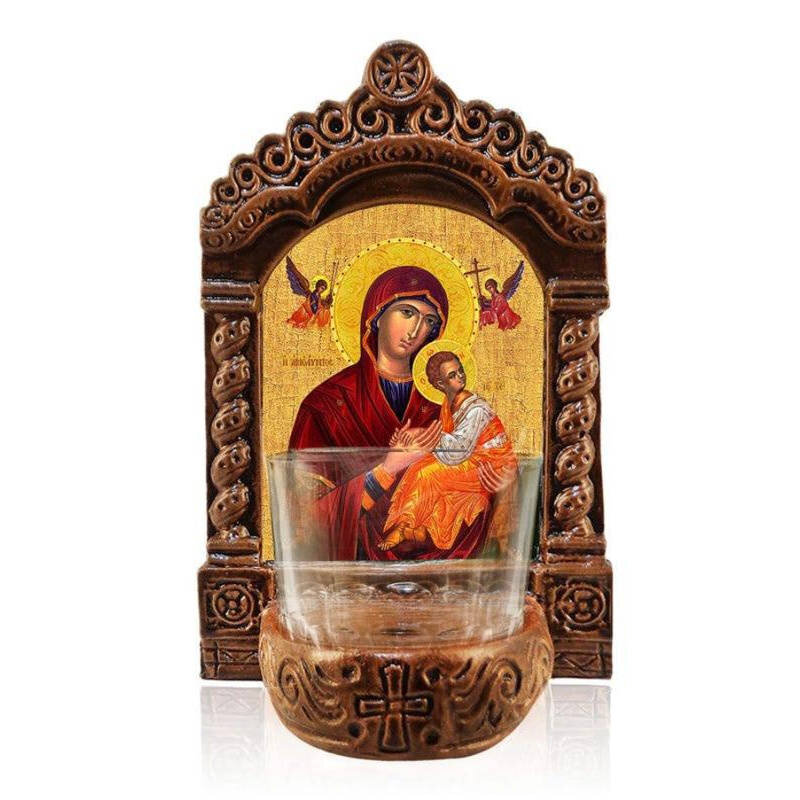 Σετ 2 τεμαχίων – Εικόνα Ορθοδοξίας με περίγραμμα χρυσό σε ξύλο Φλαμουρίας  με  βάση Παναγία η Αμόλυντη Λυχνία, Παναγία η Άμωμη Κεραμική Επιτραπέζια Εικόνα, Παναγία Οδηγήτρια Αγρυπνία με Κύπελλο Διάσταση 21x15 cm (8,3 x 5,9 ίντσες) INTRAEK-216723844