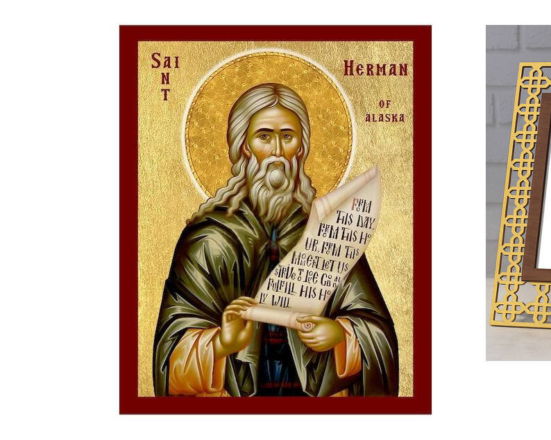 Εικόνα Ορθοδοξίας με περίγραμμα χρυσό σε ξύλο Φλαμουρίας  με  βάση Εικόνα Αγίου Ερμάν της Αλάσκας, Χειροποίητη Χριστιανική Εικόνα Αγίου Ερμάν, Κρεμαστή πλάκα Βυζαντινής Τέχνης, Χριστιανική Θρησκευτική Τέχνη Διάσταση 26x20 cm (10,2 x 7,9 ίντσες) INTRAEK-32